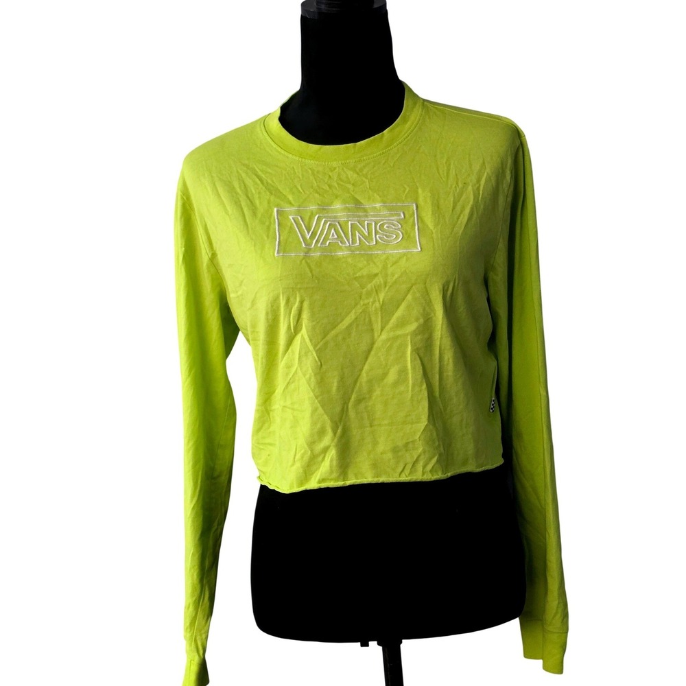 Vans Cropped Long Sleeve T Shirt Lime Green Box Logo Womens Medium‎ #2